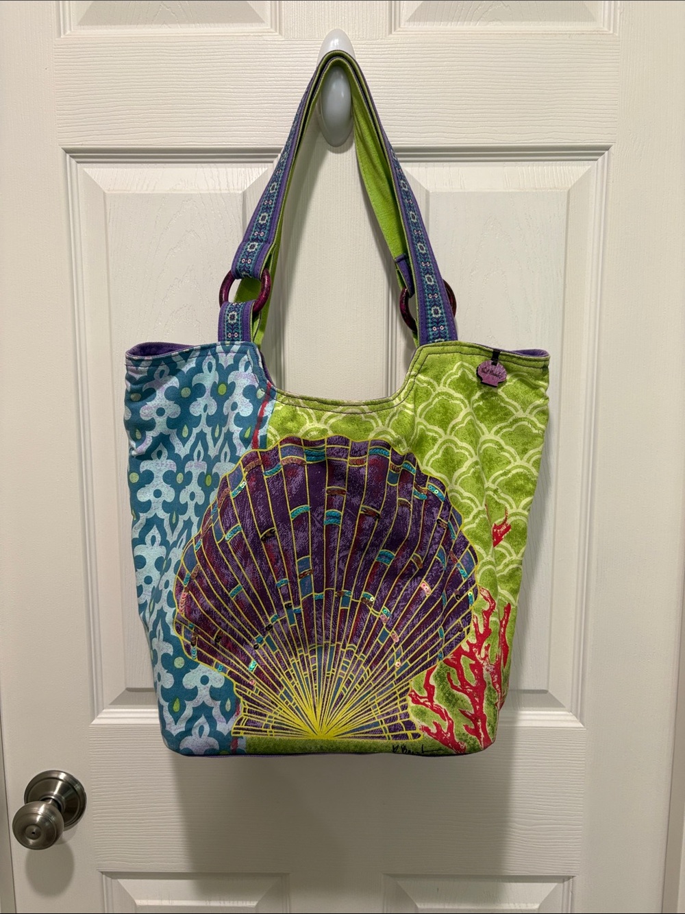 PAUL BRENT Colorful Seashell Pattern BEACH Bag - Green & Blue